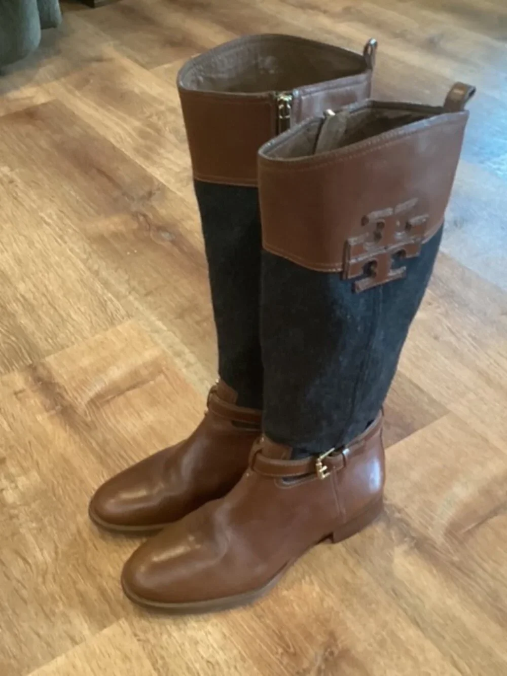 Tory Burch Riding Boots Knee‎ High Leather & Faux Wool Zippered Size 10 Medium